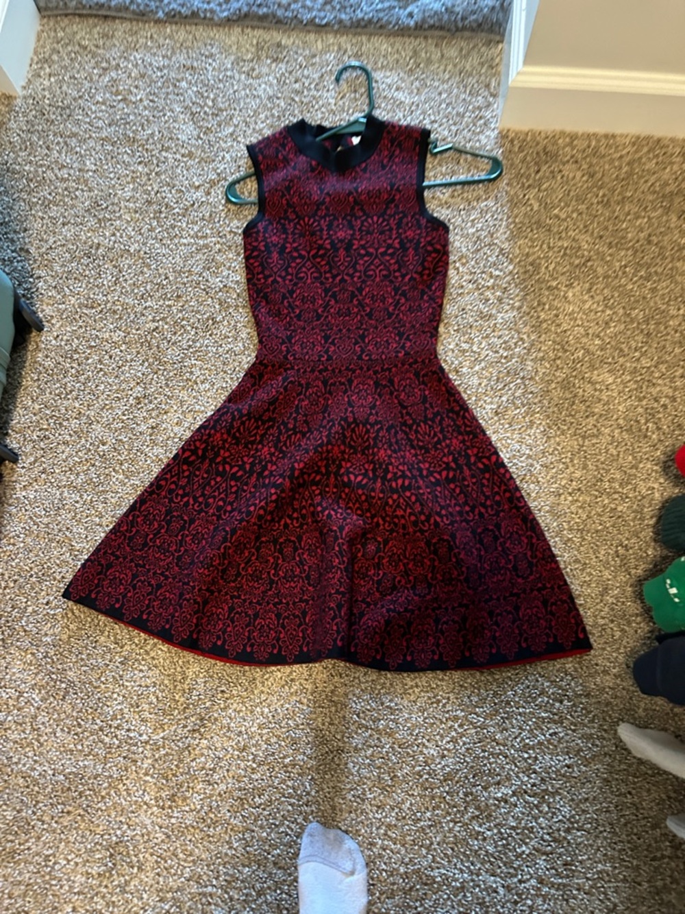 Rewind Sleeveless Red and Black Jacquard Fit & Flare Midi Dress